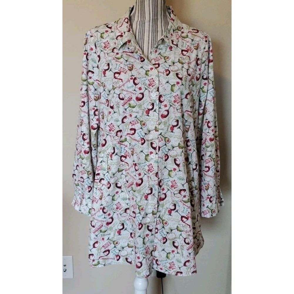 Tulip Button Down Top Wine  Print Long Sleeve Shirt Lagenlook M Pockets Oversize